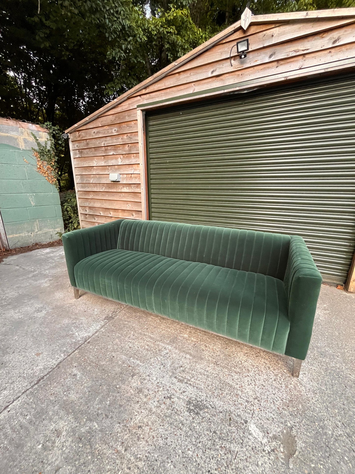 Green Velvet Ribbed 3 Seater Sofa