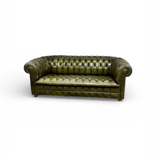Vintage Regency Green Leather (circa 1950’s) Chesterfield Tufted Sofa